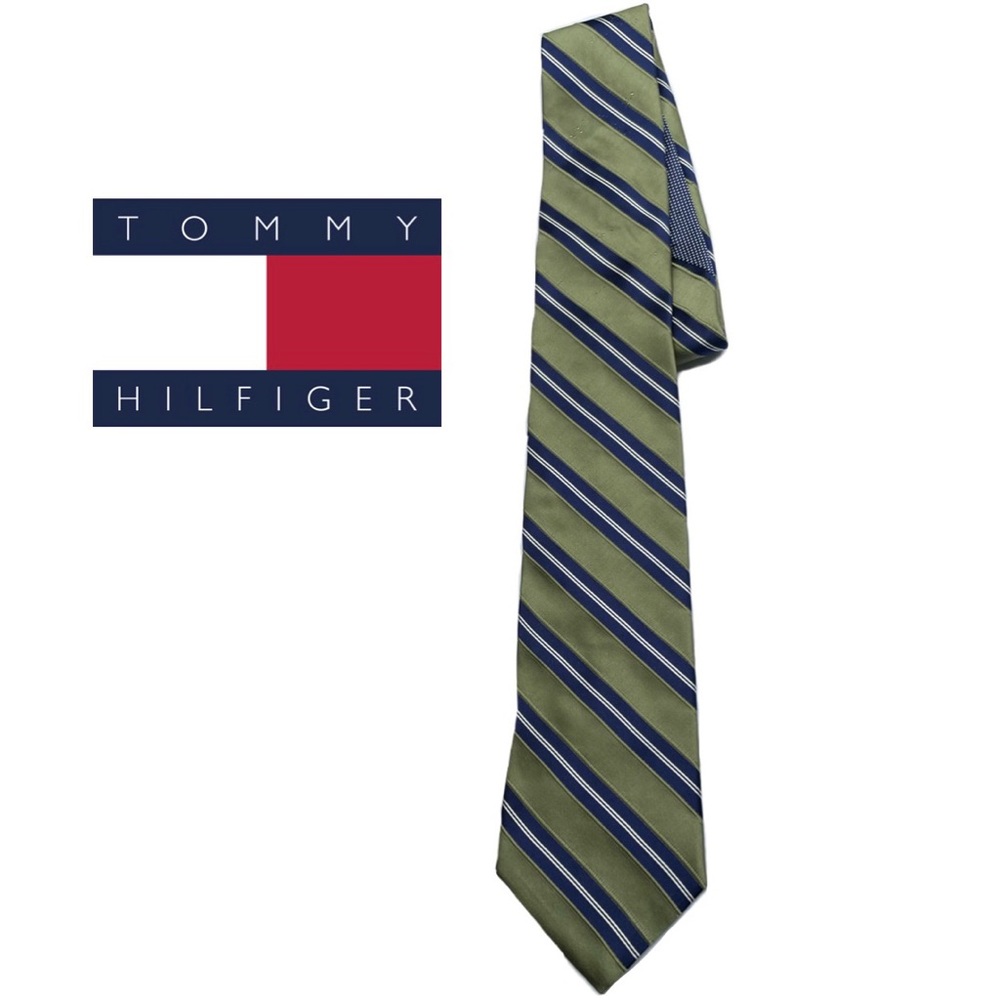 Tommy Hilfiger Silk Olive Green / Dark Gold and Blue Striped Neck Tie